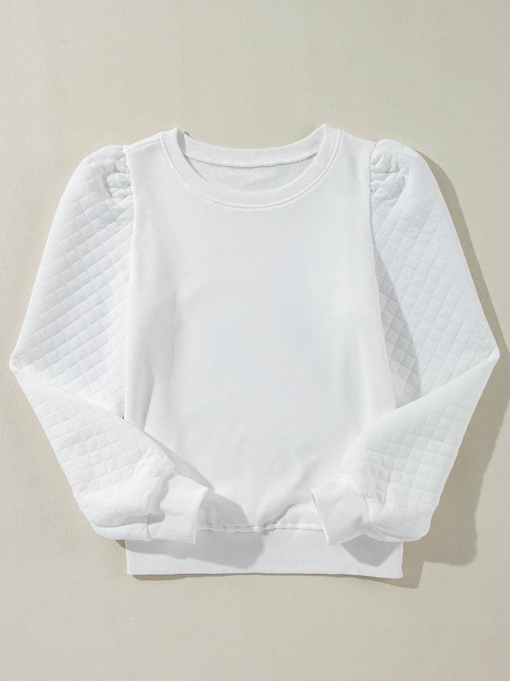 Blanco Sudadera blanca lisa con cuello redondo y manga abullonada de venta al por mayor en Faire