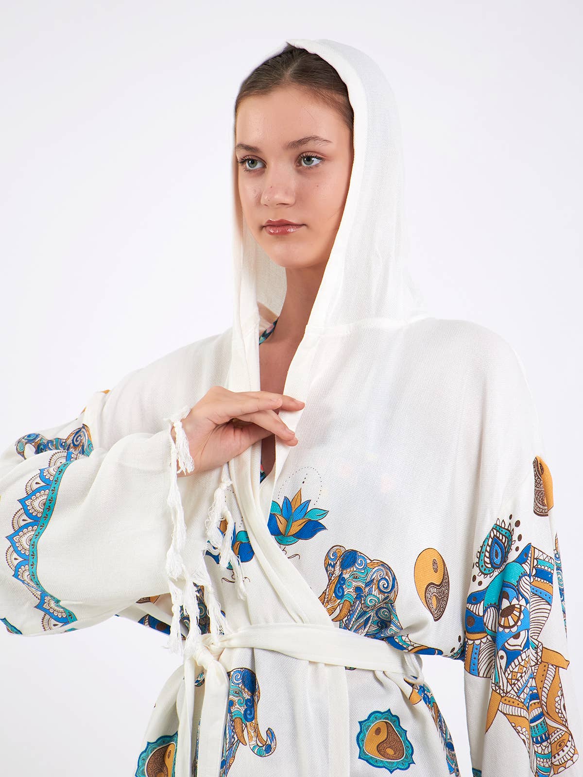 Yaz Concepts - Wholesale Beach Towel - Elephant and Yin Yang Hooded Pareo Wrap Short Turkish Robe1