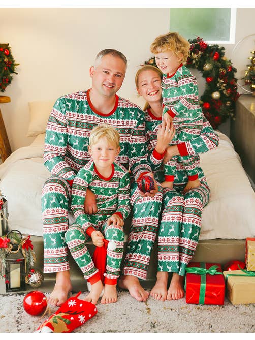 Multi Colored Noel Green Red Family Men Christmas Long Sleeve PJs for wholesale on Faire