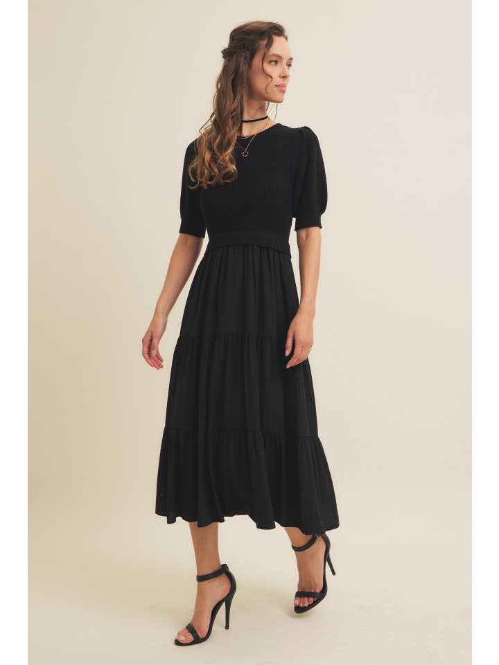 in february - Wholesale Dress - Women's - MIXED MEDIA SWEATER MIDI DRESS WITH WOVEN SKIRT