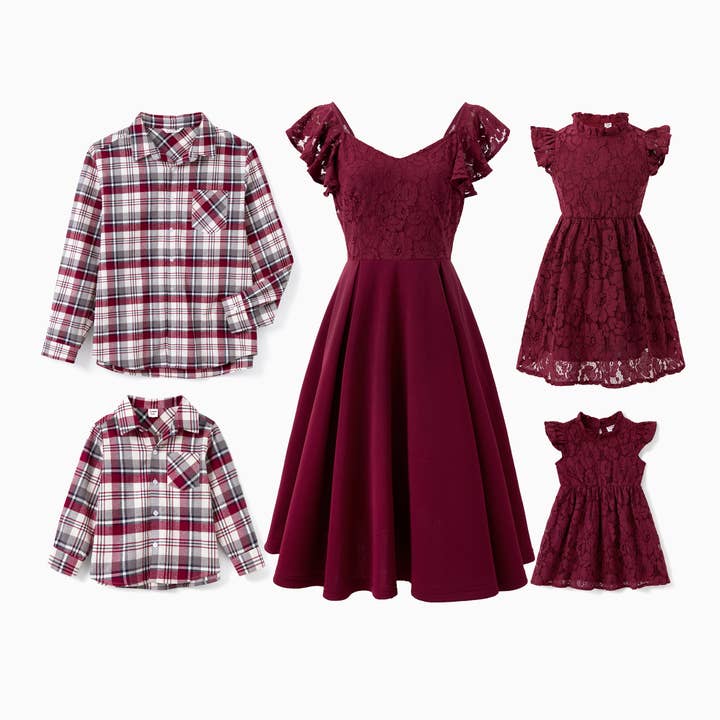 Family Matching Plaid Shirt or Lace Sleeve A-Line Dress for wholesale by PatPat
