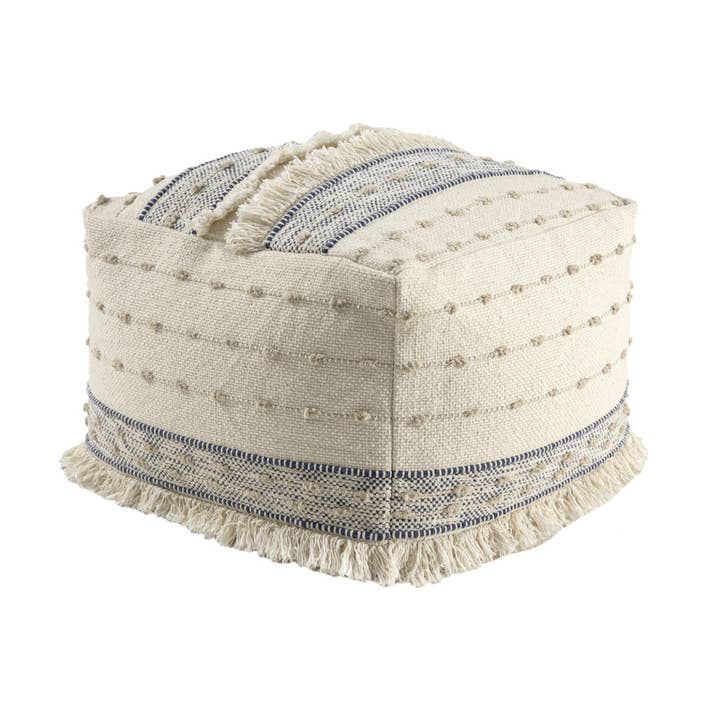 HomeRoots - Wholesale Ottoman - 18" Ivory and Navy Blue Cotton And Wool Striped Pouf Ottoman