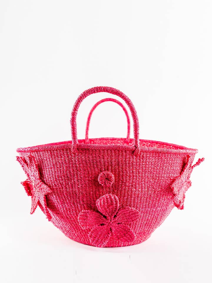 Tropicana Bag in "Hibiscus", Woven Beachbag with 3D Flowers for wholesale by Kasama