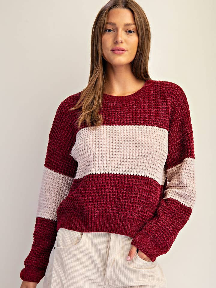 PL9494 - CHENILLE COLOR BLOCK LONG SLEEVE SWEATER for wholesale by Peace Love Line