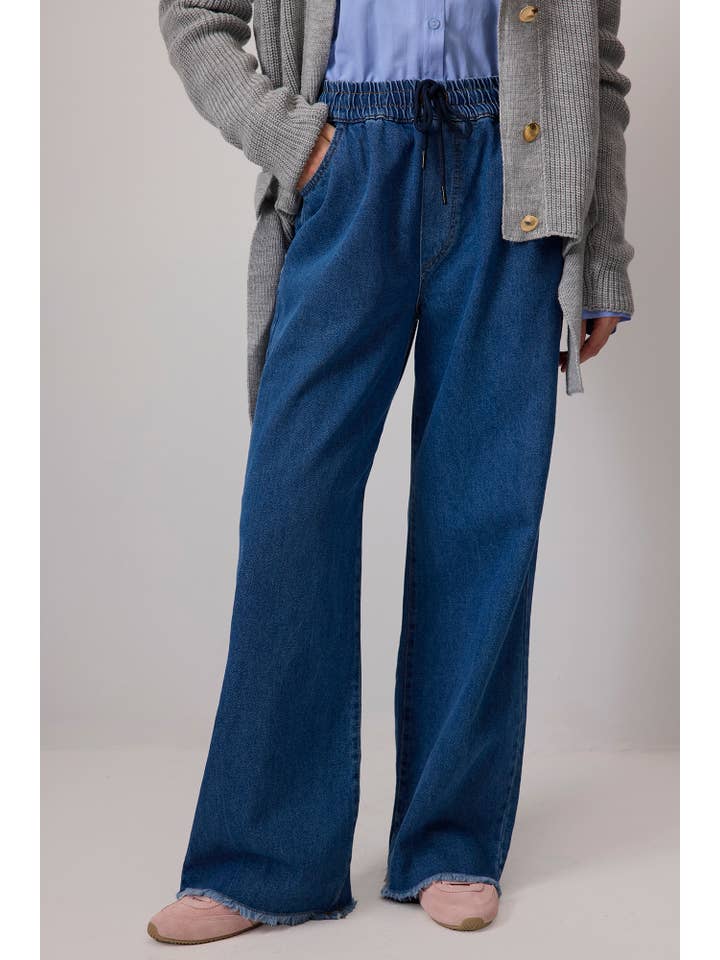 Blue Wide-Leg Frayed Hem Elastic Waist Denim Trousers for wholesale on Faire5