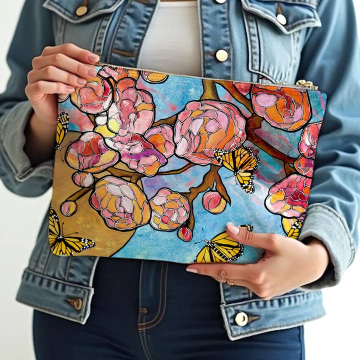 Bolsa de flores rosas. Embrague con cremallera floral colorido, bolso para venta al por mayor de Atelier Vero Wholesale