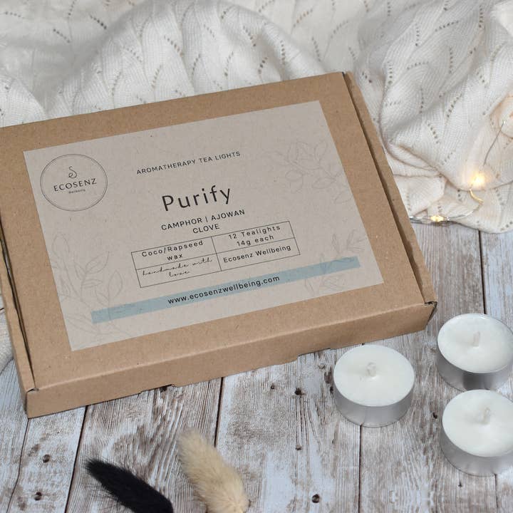 PURIFY Aromatherapie-Teelichter, Raps- und Kokosnusswachs für den Großhandel von Econua