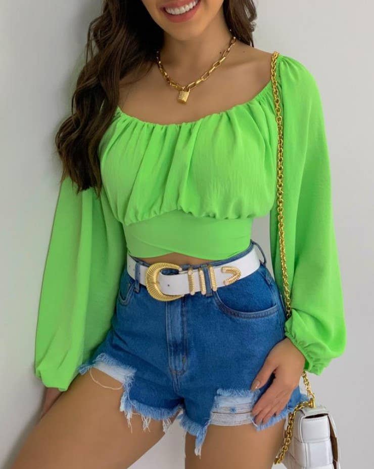 HIDDENBRAND - Wholesale Blouse - Women's - Crop Top Balloon Sleeve Straight-Neck Shirt6