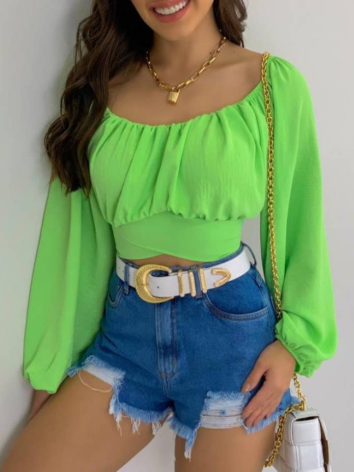 HIDDENBRAND - Wholesale Blouse - Women's - Crop Top Balloon Sleeve Straight-Neck Shirt6