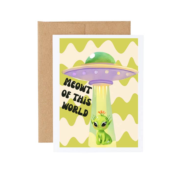 Carte rétro groovy mignonne chat alien OVNI vert citron pour toute occasion pour la vente par Cryptic Paper Co.
