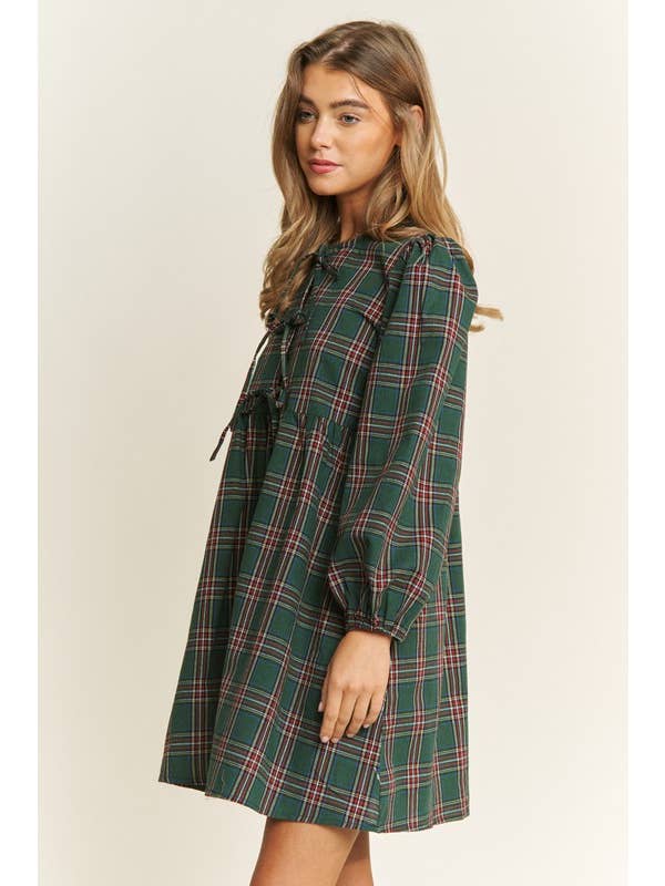 Pink Irene Wholesale - Wholesale Dress - Women's - SOFT PLAID WOVEN FABRIC BABYDOLL BOW MINI DRESS4