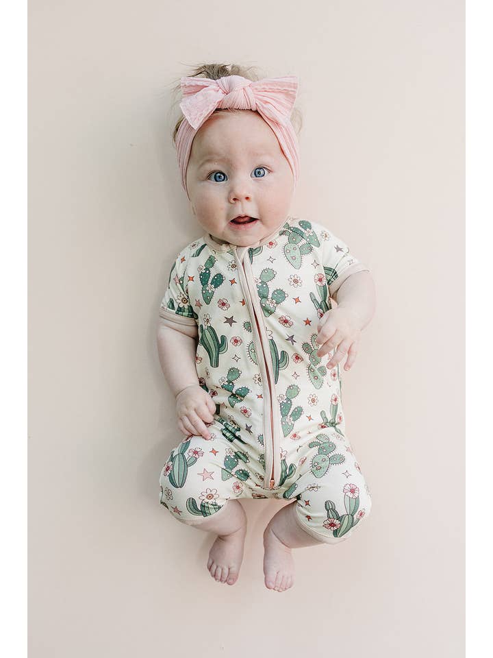 Lucky Panda Kids - Wholesale Jumpsuit - Baby - Baby Bamboo Shorty Romper | Cactus Flowers3