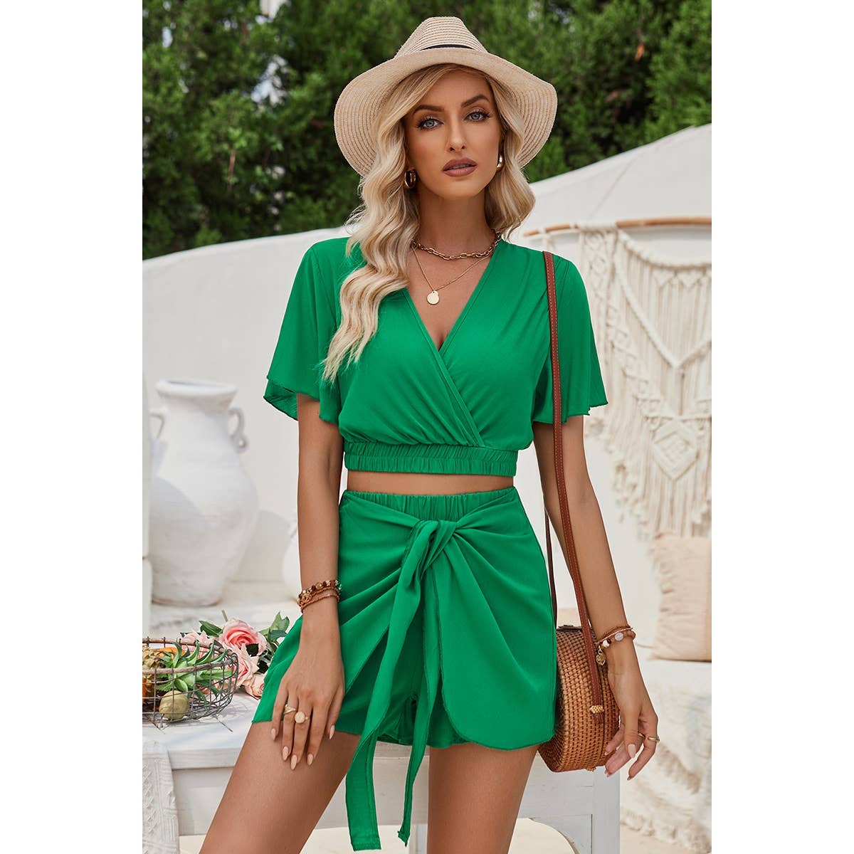 BLACK Two Pieces V Neck Ruffle Crop Shirt And Wrap Sets for wholesale on Faire13