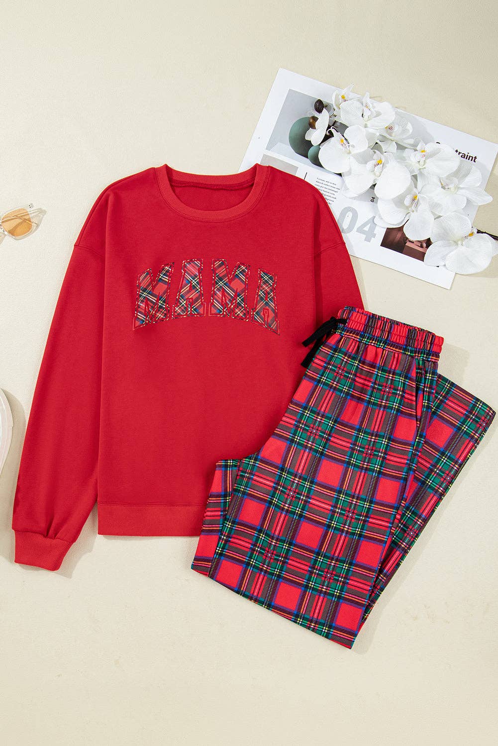 Red Christmas Plaid Mama Pullover and Pants Set for wholesale on Faire5