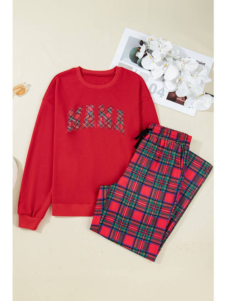 Red Christmas Plaid Mama Pullover and Pants Set for wholesale on Faire2
