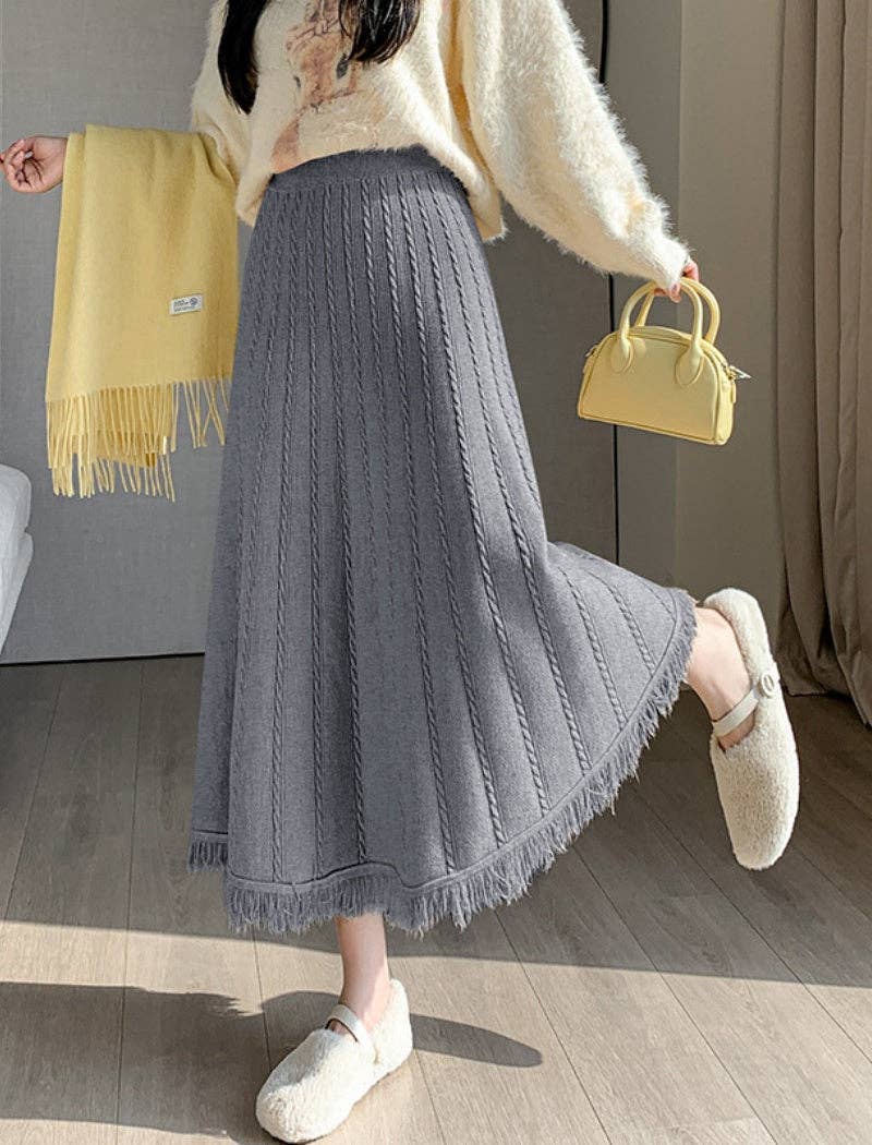 Katinki - Wholesale Skirt - Women's - Knit A-Line Midi Skirt with Fringe Hem2