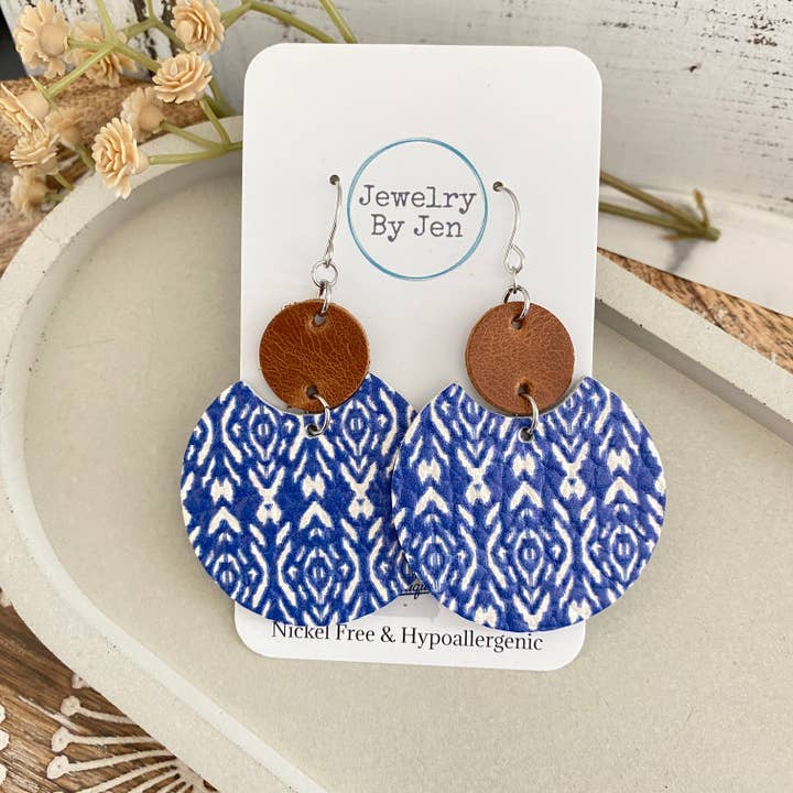 Jewelry By Jen - Wholesale Dangle Earrings - Luna Earrings: Blue Shibori Bohemian w/Cognac