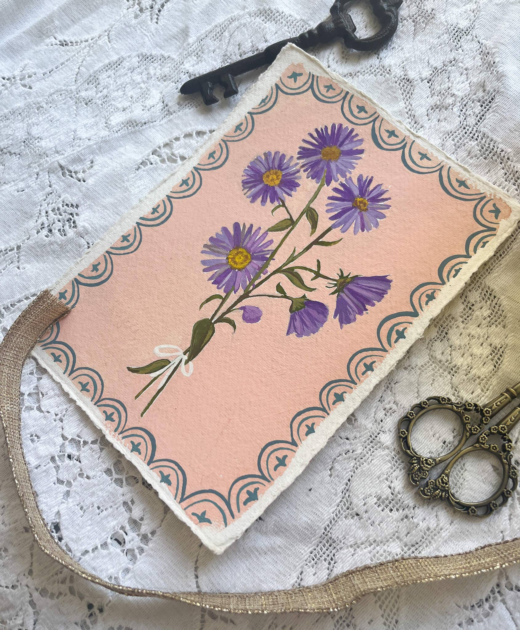 glad you're here co - Wholesale Painting/Drawing - Original September Birth Month Flower – Aster Flower Painting on Handmade Paper – Vintage Botanical Artwork for Elegance & Valor4