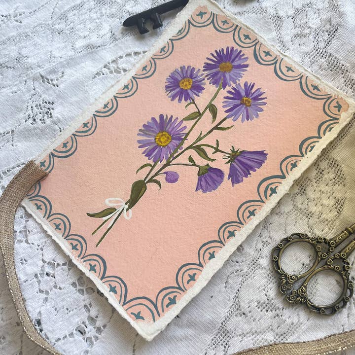 glad you're here co - Wholesale Painting/Drawing - Original September Birth Month Flower – Aster Flower Painting on Handmade Paper – Vintage Botanical Artwork for Elegance & Valor4