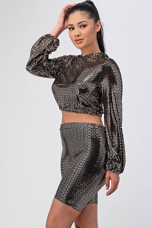 Guld Lurex hættetrøje langærmet crop top og biker kort sæt1297sæt for engroshandel på Faire5
