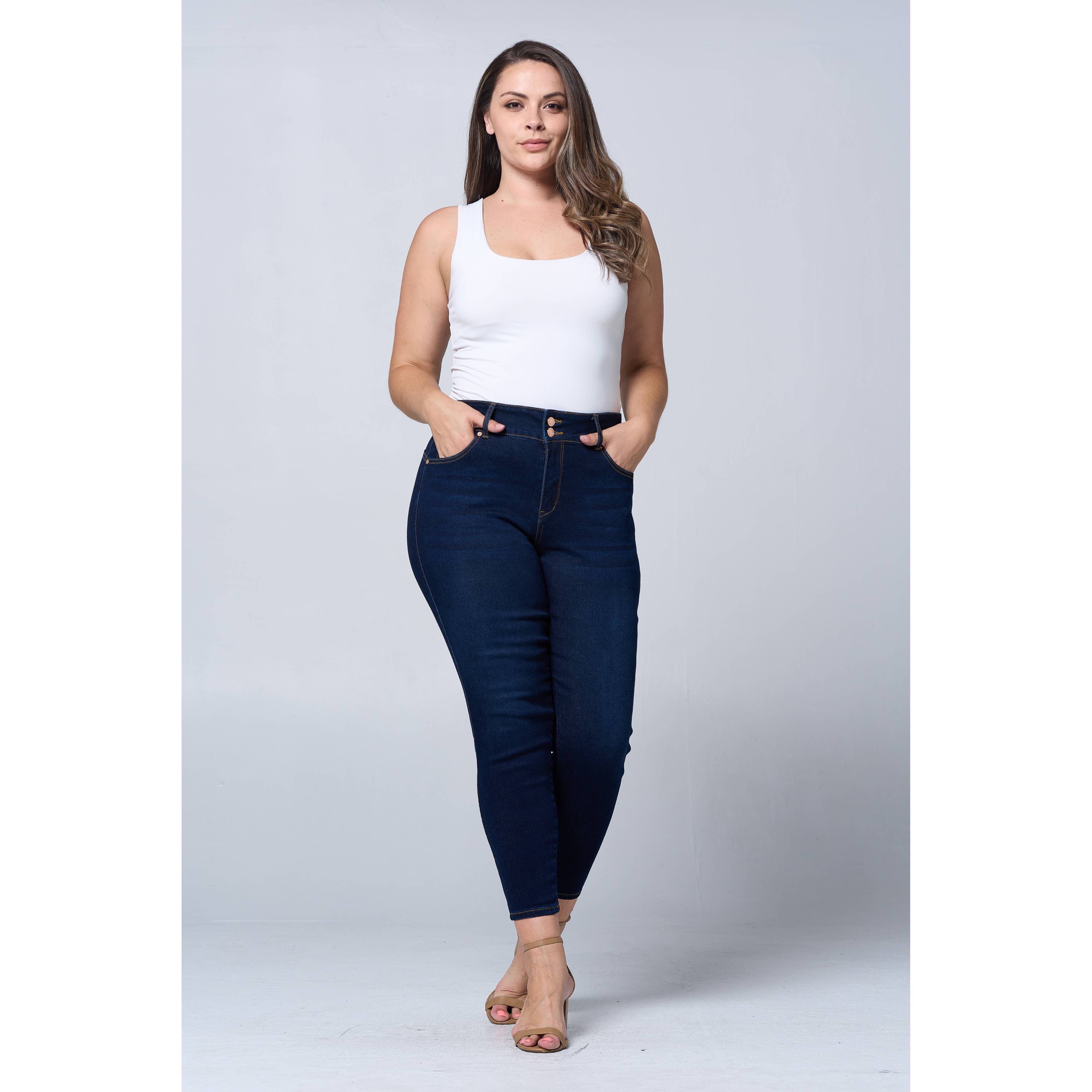 Donkerblauw Plus Size Skinny Jeans met Buikcorrigerende Taille en Lifting voor de Billen PH3502X Donkerblauw voor groothandel op Faire1