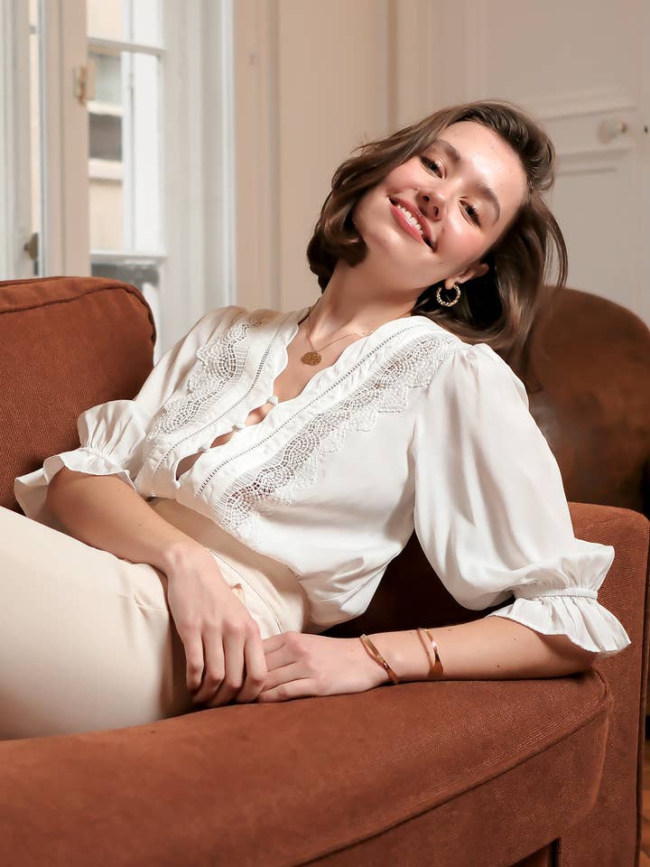 White Lace blouse with three-quarter sleeves - ASD95706-KATRINA for wholesale on Faire4