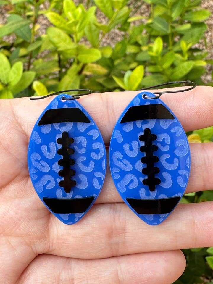 Blue Leopard Football Earrings, Sports Earrings, Game Day for wholesale by Laser & Color Designs LLC