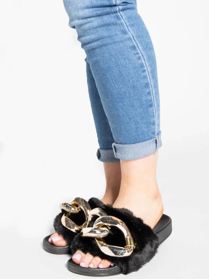 Black Faux Fur Buckled Summer Thick Sole Sliders - Juliette for wholesale by Femme Luxe
