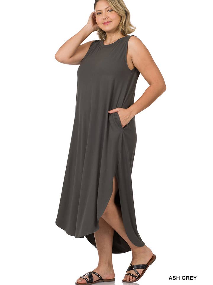 42POPS - Wholesale Dress - Women's - ...SI-22128 Plus Brushed Dty Side Slit Dress With Pockets