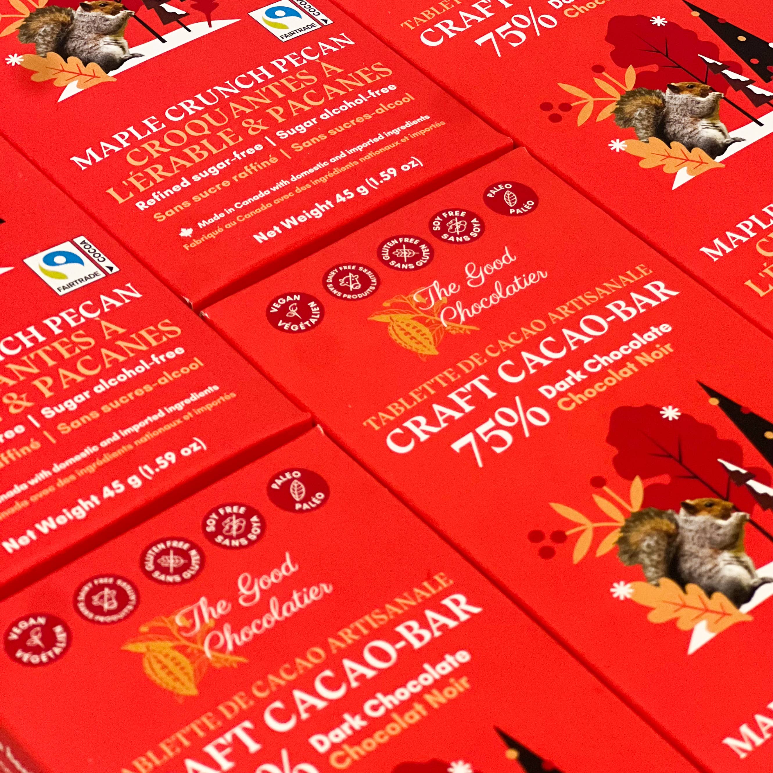 The GOOD Chocolatier – Barra de chocolate por atacado – The GOOD Chocolatier Maple Crunch Pecan 75% - Chocolate Vegano com Noz-Pecã e Xarope de Bordo4