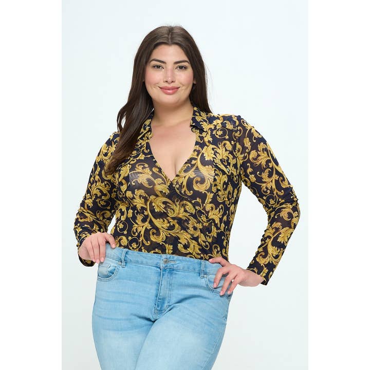 PLUS STORLEK MESH BAROCK TRYCK KRAGE SURPLICE BODYSUIT för wholesale av Curve Market