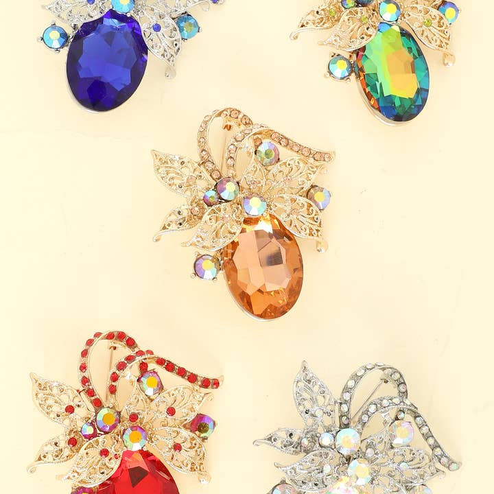 Jeweled Filigree Leaf Cluster Brooch Pin for wholesale by SP Sophia Collection