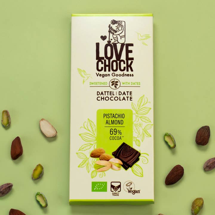 Choklad sötad med dadlar pistage mandel - ekologisk, vegansk för wholesale av Lovechock NL