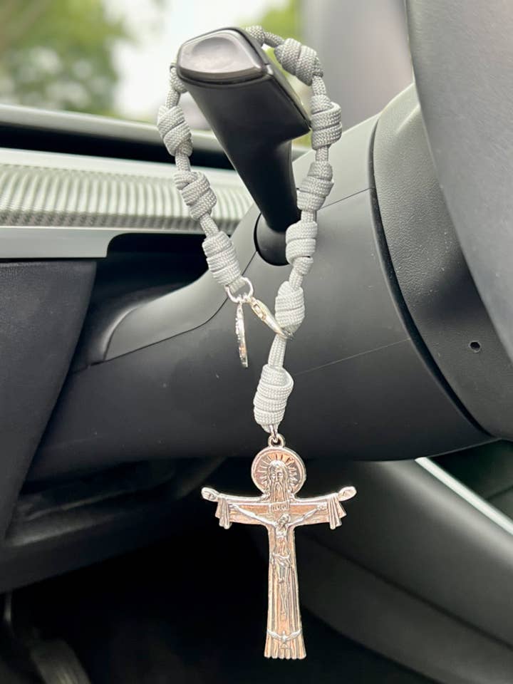 Trinity Crucifix Rearview Mirror Car Rosary for wholesale by Knots of Grace