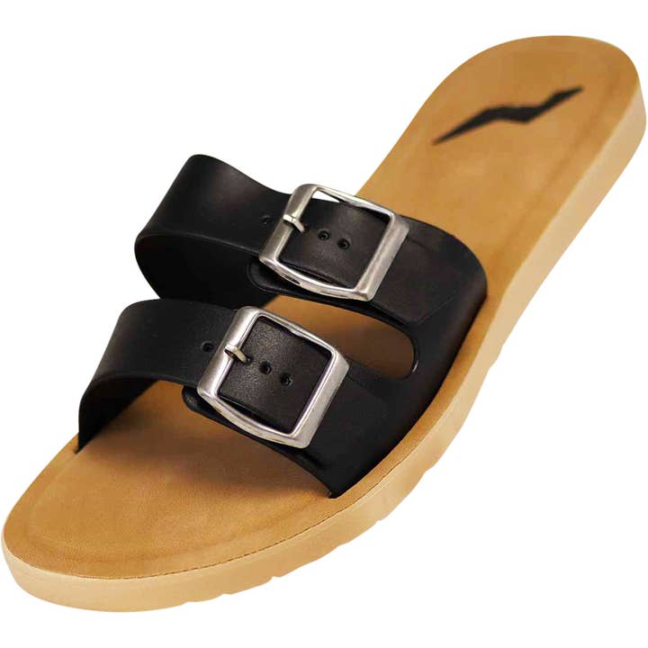 Norty Women's Sizes 5-10 Black 2 Buckle Slide 10002 Prepack for wholesale by The Norty Brand