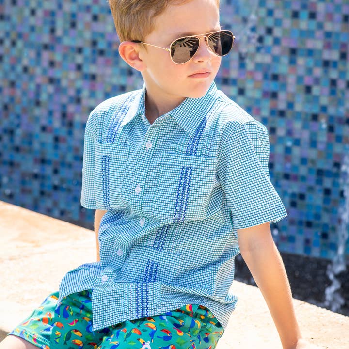 BlueQuail Clothing Co. - Wholesale Button Down Shirt - Kids - Guayabera - Navy/Jade Check Short Sleeve Shirt
