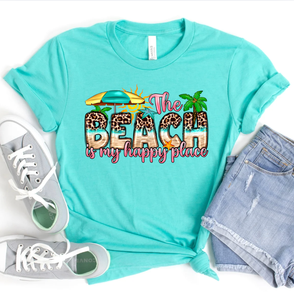Bella CVC Heather Sea Green The Beach is my Happy Place Graphic Tee for wholesale on Faire0