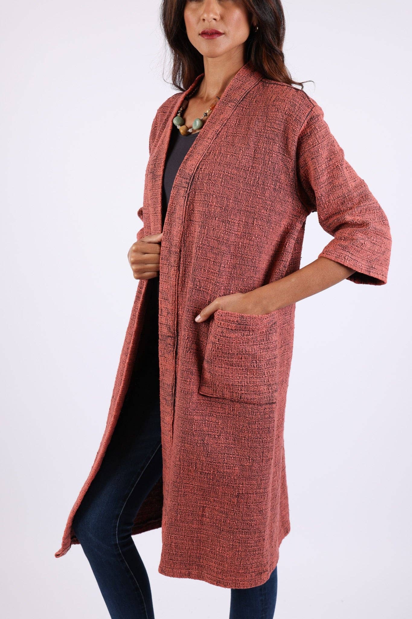 Sacred Threads - Venta al por mayor Cárdigan - Mujer - Cárdigan Largo de Algodón Coral: Mangas 3/4 con Bolsillos1