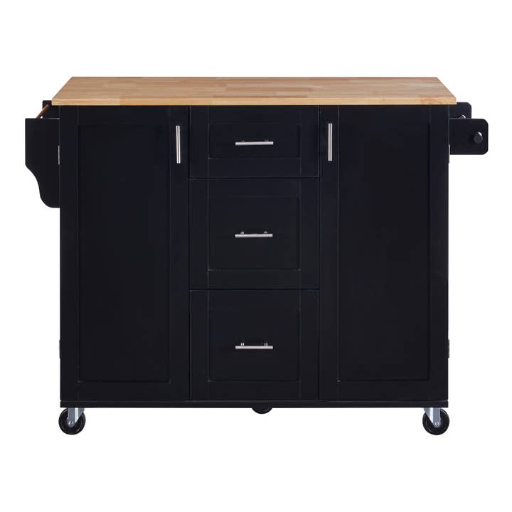 Orange County Decor - Wholesale Kitchen Storage/Organizer - K&K Rolling Kitchen Island With Storage, Kitchen Cart With Rubber Wood Top, 3 Drawer, 2 Slide Out Shelf And Internal Storage Rack, Kitchen Island On Wheels With Spice Rack & Tower Rack, Black Black11