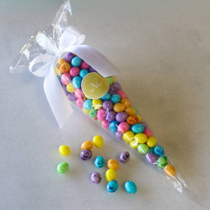 8oz Mini Speckled Eggs in Carrot Shaped Bag for wholesale by Maggie Lyon Chocolatiers