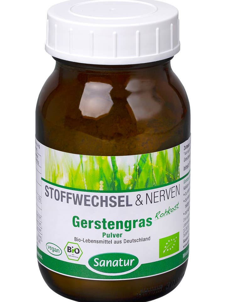 Erba d'orzo in polvere 90 g, biologica, METABOLISMO E NERVI per la vendita all'ingrosso da parte di Sanatur GmbH
