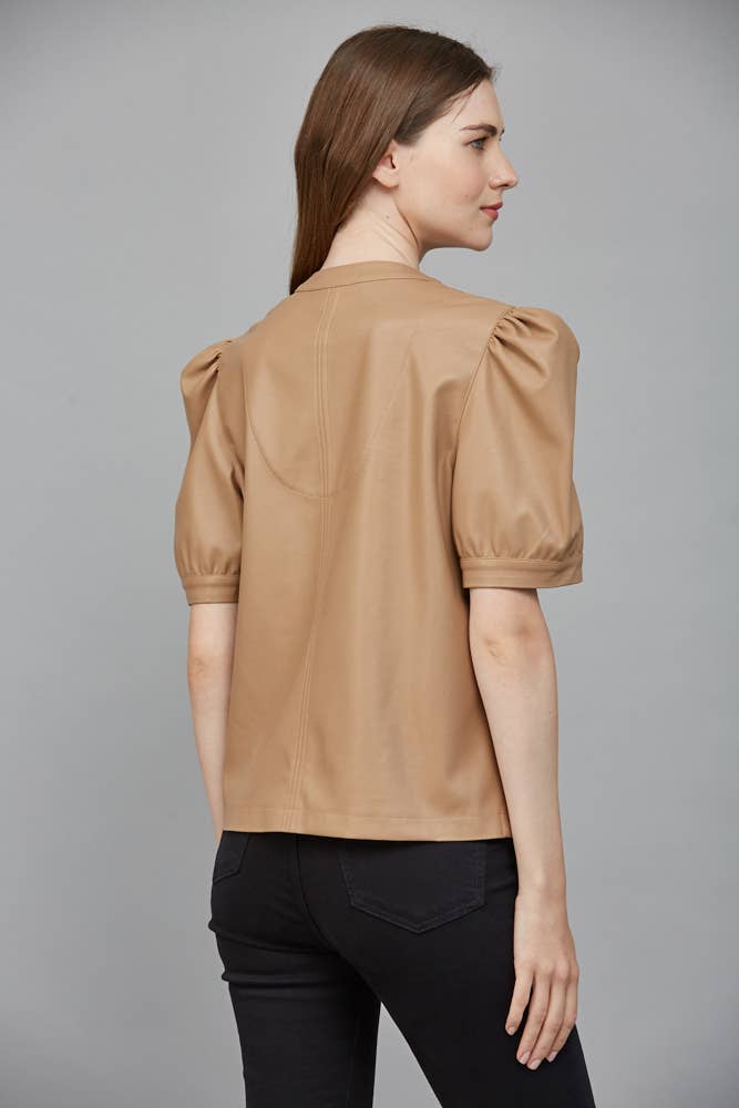 FATE – Blusa - Mulher por atacado – TOP DE IMITAÇÃO DE CABEDAL COM DECOTE DIVIDIDO FT253743