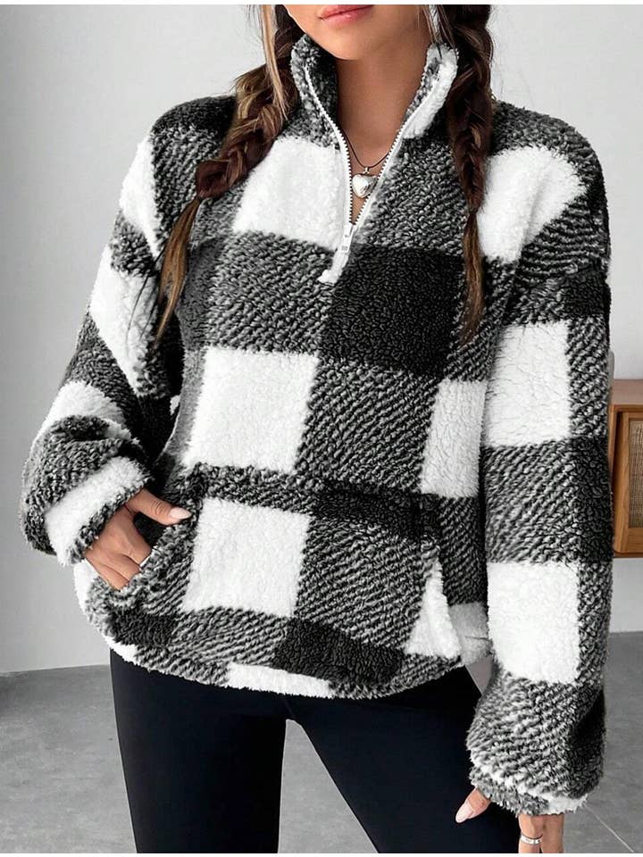 HIDDENBRAND - Wholesale Sweatshirt - Women's - Winter pocket plaid half-zip fleece teddy sweatshirt3