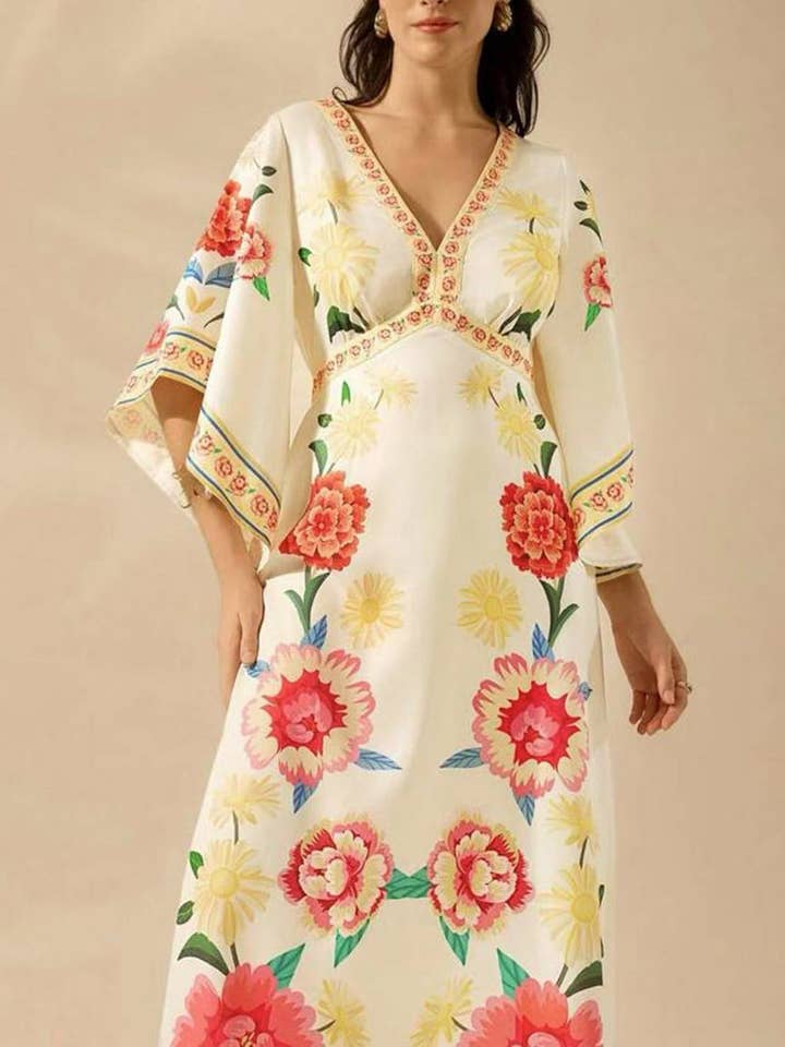 EmberLoom - Wholesale Dress - Women's - Palm Print V-Neck Midi Dress3