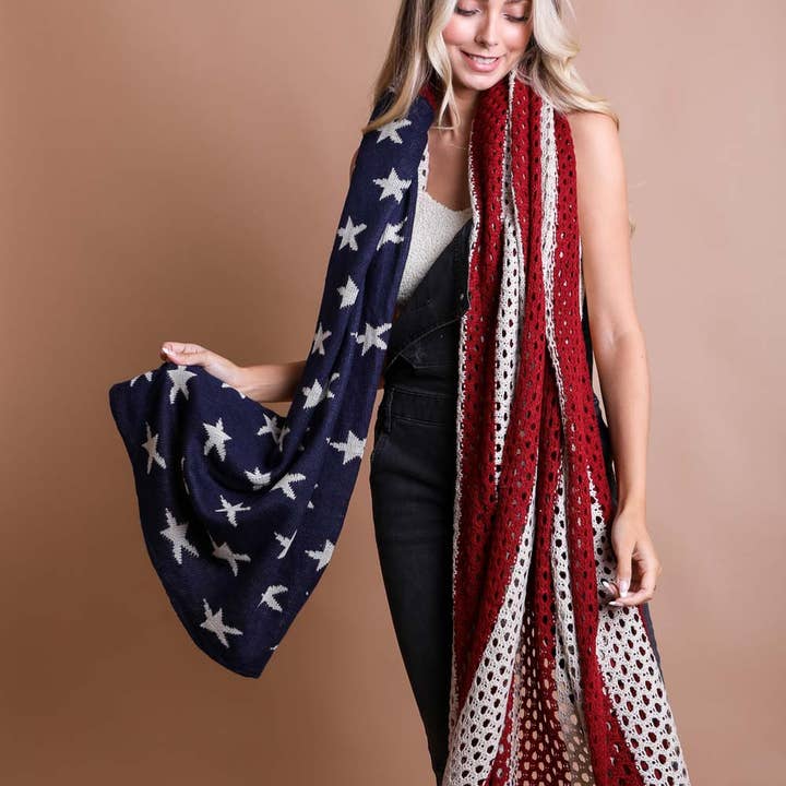 Leto Accessories - Wholesale Scarf - Women's - Netted Oversized American Flag Knit Blanket Scarf πΊπΈ1