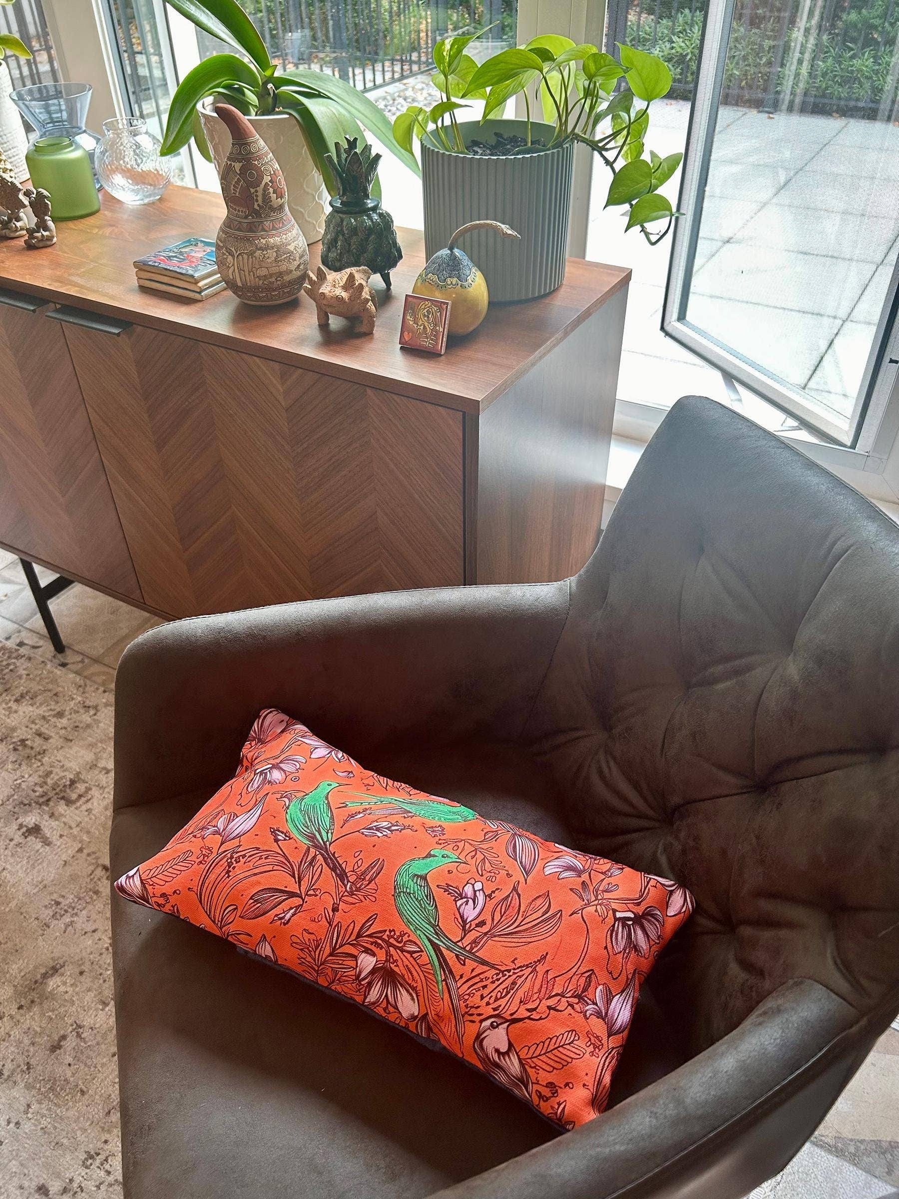 La Escaramuza – wholesale Lumbar pillow – Eclectic Lumbar Pillow: Bird & Floral 17 by 8"3