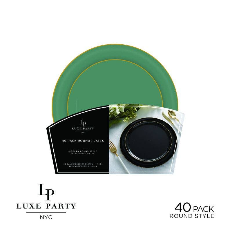 Luxe Party - Wholesale Disposable Plate - Round Sage Green and Gold Plastic Plates Set | 40 Pack