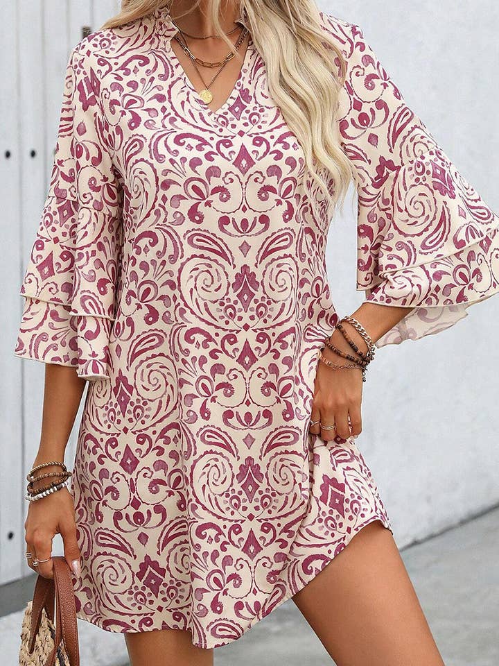 Pink Paisley Print Tiered 3/4 Sleeve Notched Neck Mini Dress for wholesale by Lillie + Co