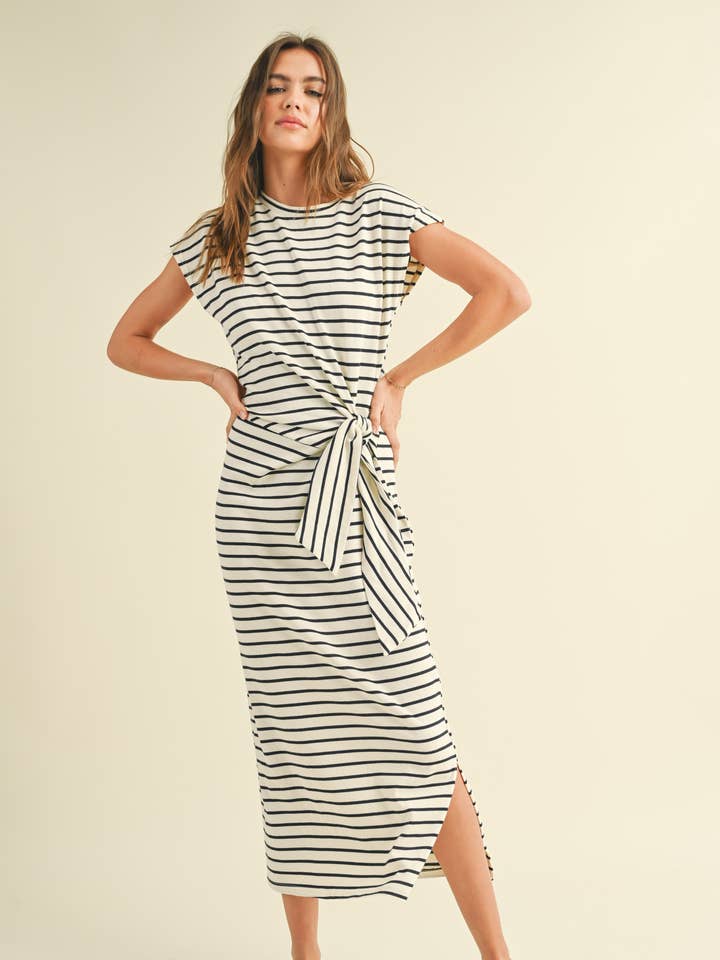 MIOU MUSE - Wholesale Dress - Women's - D3620 STRIPE PATTERN KNOT DETAIL DRESS