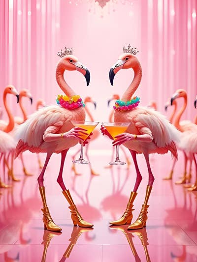 Biglietti di Auguri 5 x 7 "I Fenicotteri Vogliono Solo Divertirsi" per la vendita all'ingrosso da parte di Wicked Cool Unicorn